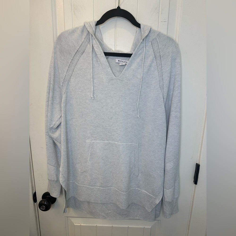 Athleta Evergreen Hoodie Knit Sweater Light Grey Heather Size L